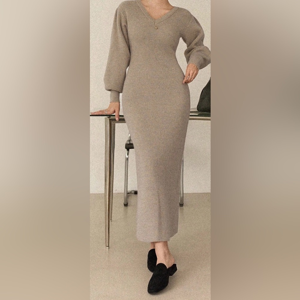 SHEIN Beige V-Neck Sweater Dress